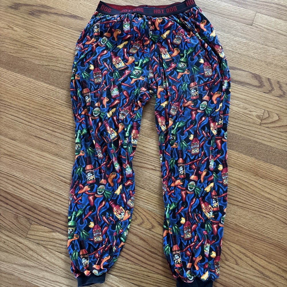 Vintage Big Dogs Pants Mens XLarge AOP HOT SAUCE Elastic Waist Logo Blue Pocket